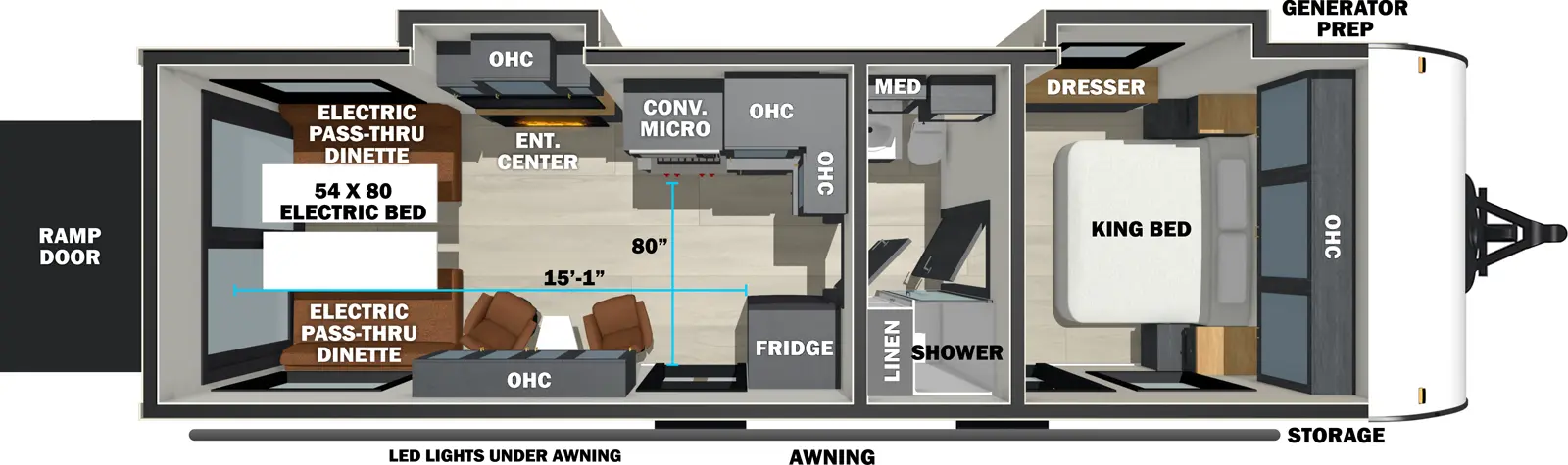 The Sandstorm 2600 floorplan is a toy hauler that has two entries and two slide outs. Exterior features include: fiberglass exterior. Interiors features include: front bedroom and pass through bathroom.
